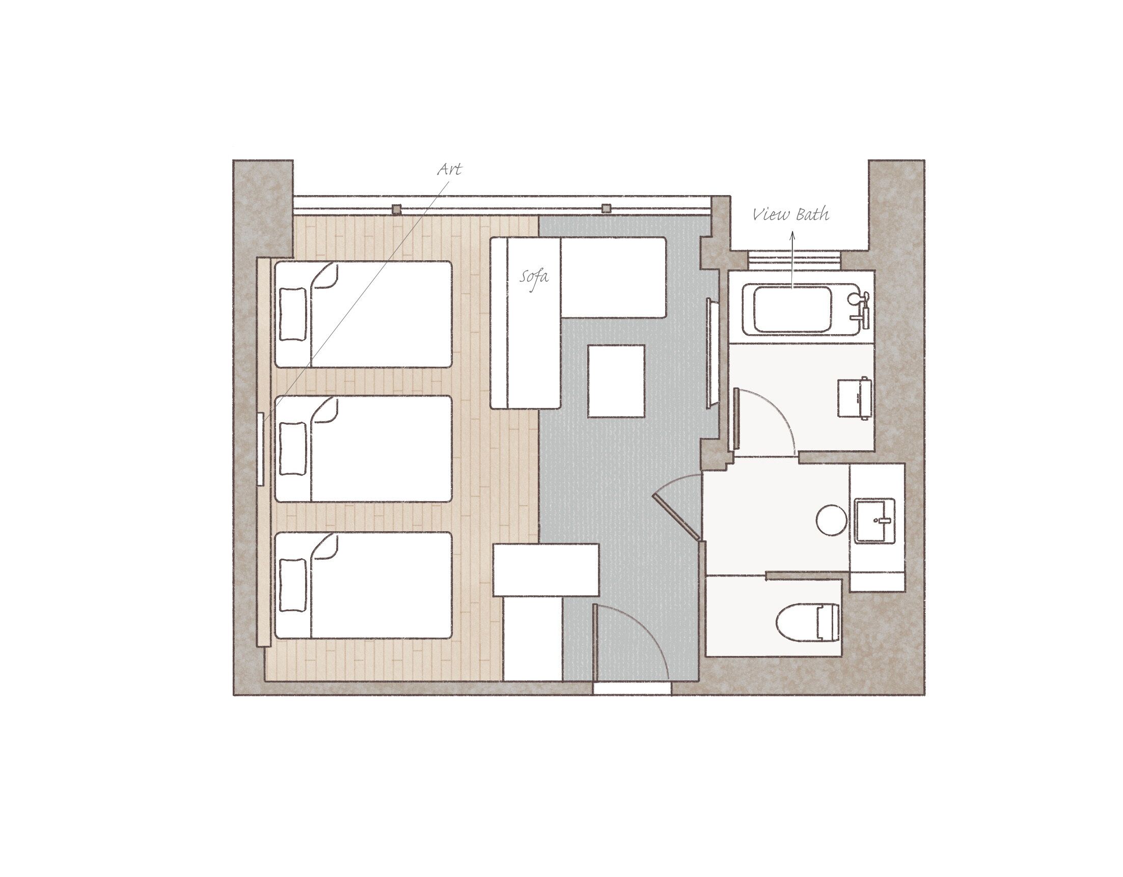 Un plan d’étage d’une chambre d’hôtel comprenant un canapé, une salle de bain avec vue et une salle de bain.