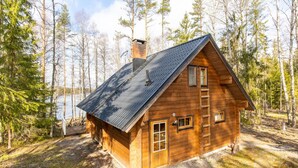 A log cabin with a metal roof, wooden walls, and a chimney. It has a door, windows, and a ladder leading to the roof.