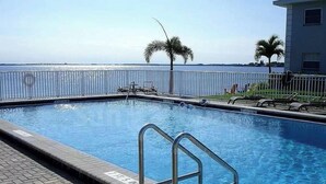 A rectangular swimming pool with a metal ladder, surrounded by a metal fence and palm trees. - VACATION RENTAL!!! (North Fort Myers)