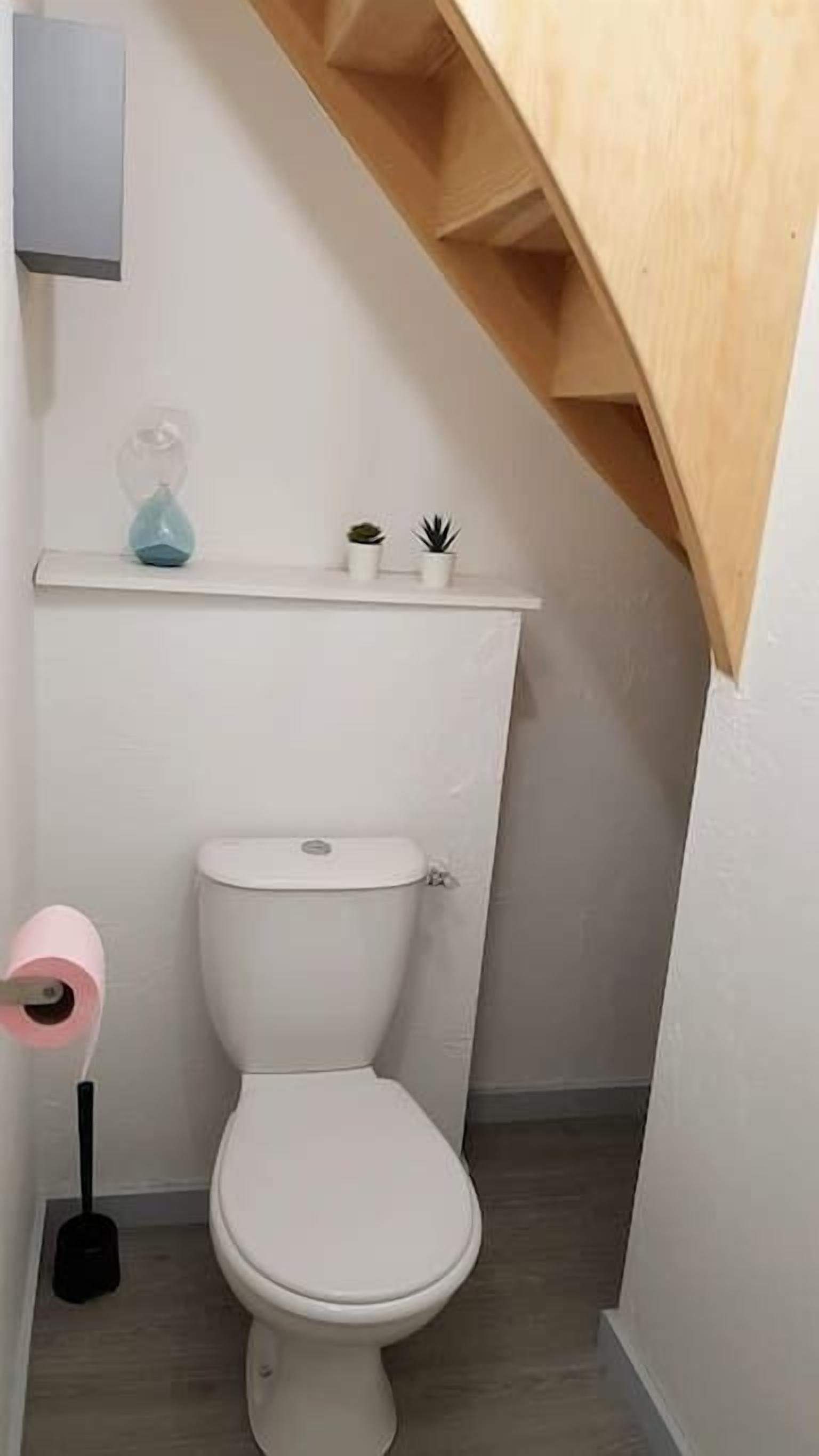 Une petite salle de bain propre, avec des toilettes blanches, une petite étagère ornée de plantes et un escalier en bois.