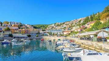 A coastal town with a marina filled with boats, colorful buildings, and a hillside with residential structures.