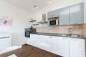 Apartment (A1) | Eigene Küche | Kühlschrank, Mikrowelle, Ofen, Herdplatte