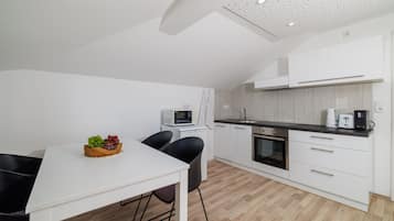 Apartment (A2) | Private kitchen | Fridge, microwave, oven, stovetop
