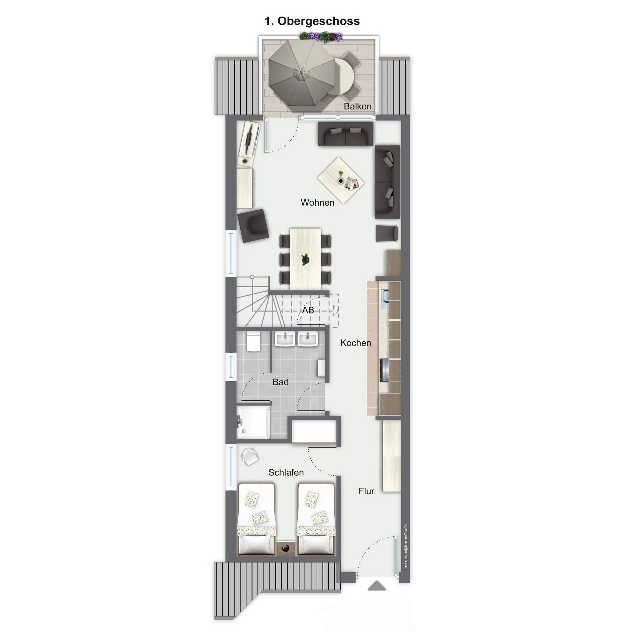 Ein Grundriss eines Hotels mit Balkon, Wohnzimmer, Küche, Bad und zwei Schlafzimmern.