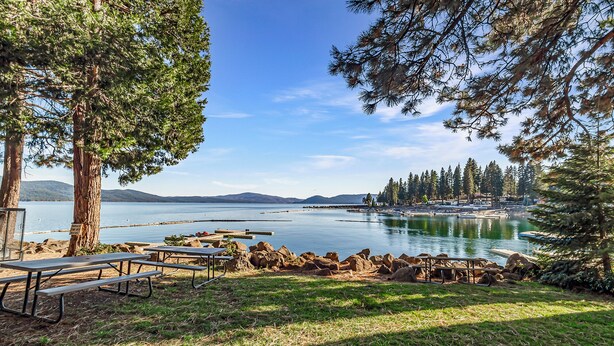 Un área de picnic junto al lago, con mesas y banco, rodeada de árboles y vistas al lago.