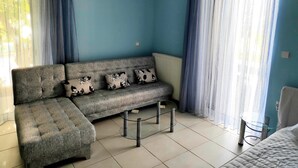 Une pièce avec un canapé gris, une table basse en verre et un radiateur.