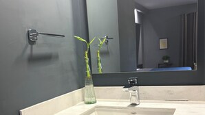 A bathroom with a large mirror, a sink, and a towel rack. - Hotel Le-Gar (Monterrey)