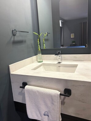 Habitación individual clásica, 1 cama King size | Baño | Tina con regadera, regadera tipo lluvia, jabón, papel de baño 