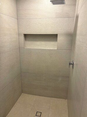 Combined shower/bathtub, rainfall showerhead, soap, toilet paper - Hotel Le-Gar (Monterrey)