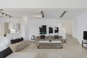 Vila superluxo, piscina particular, vista para o mar | Área de estar | Smart TV 50 polegadas com canais digitais, TV, lareira