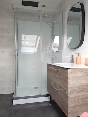 Shower, hair dryer, towels