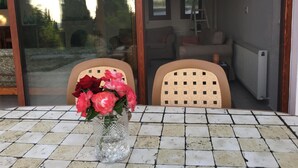 Une pièce fermée par des parois de verre, dotée d’un sol carrelé, d’une table sur laquelle est posé un vase de fleurs, et offrant une vue sur un espace extérieur avec une échelle et un canapé.