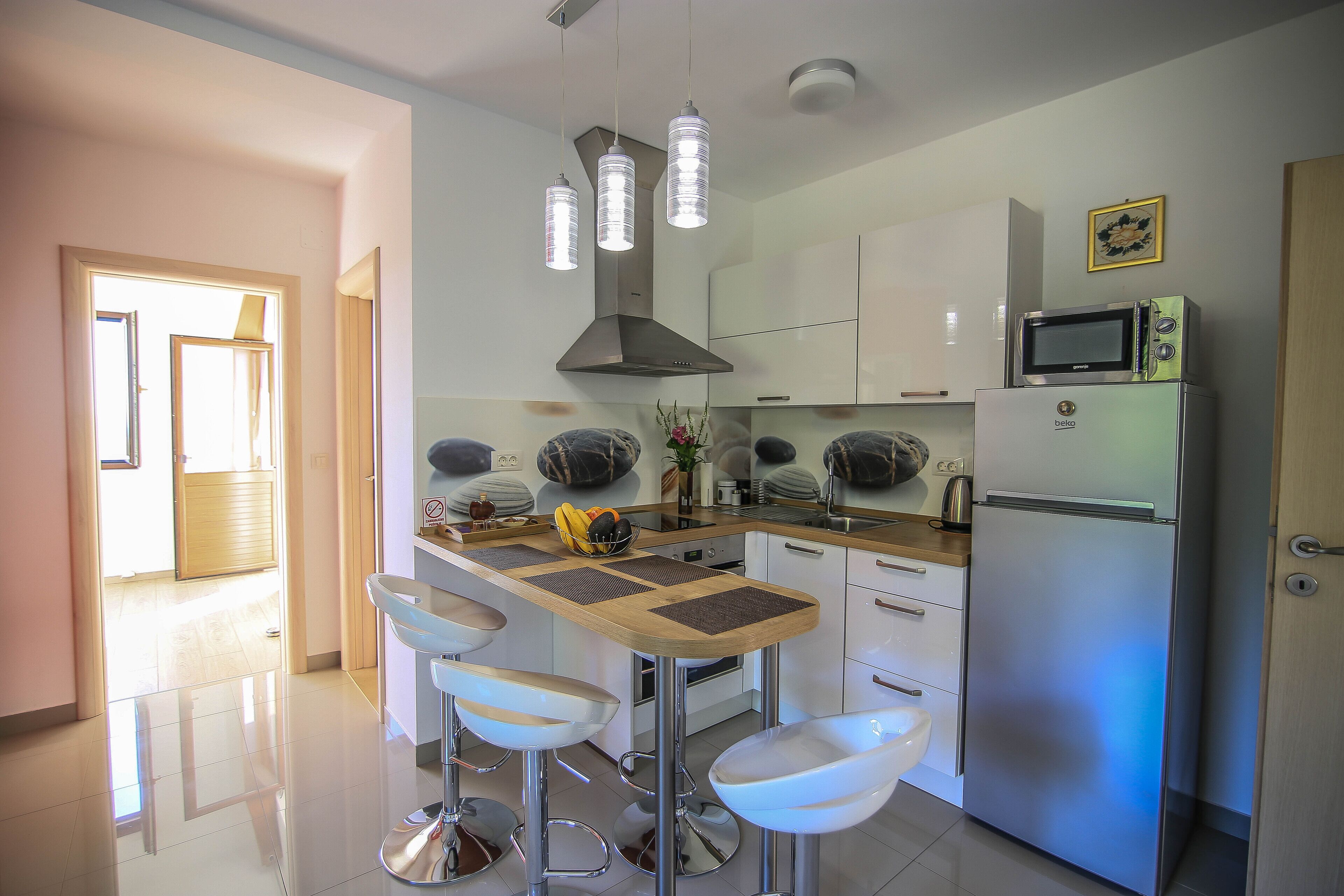 Fridge, microwave, oven, electric kettle