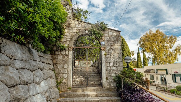 Una escalera de piedra que conduce a una reja de metal, rodeada de vegetación y un sendero empedrado.
