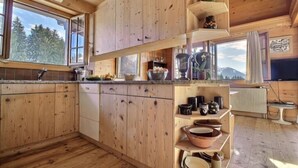Un intérieur en bois comprenant un coin cuisine, des placards en bois et une vue sur les arbres par une fenêtre.