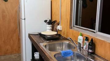 Fridge, microwave, toaster, cookware/dishes/utensils