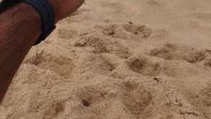 A hand holding a textured glass on a sandy beach with ocean waves in the background. - Luxury apartment, 3 bedrooms (2 suites) - Praia da Espera - Itacimirim (Camaçari)
