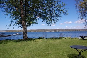 A grassy area with a picnic table and a large tree, overlooking a body of water with a dock and boats. - Charming 1920's Cottage on the Lake (Ashville)