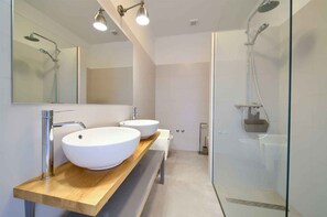 A modern bathroom with two sinks, a shower, and a mirror.