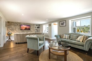 TV, lò sưởi, sách