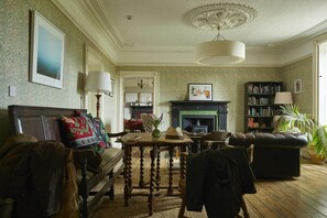Fireplace, books