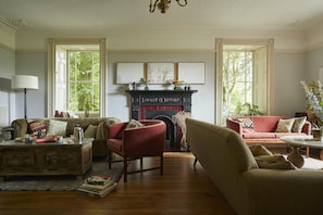 TV, fireplace, books