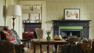 TV, fireplace, books