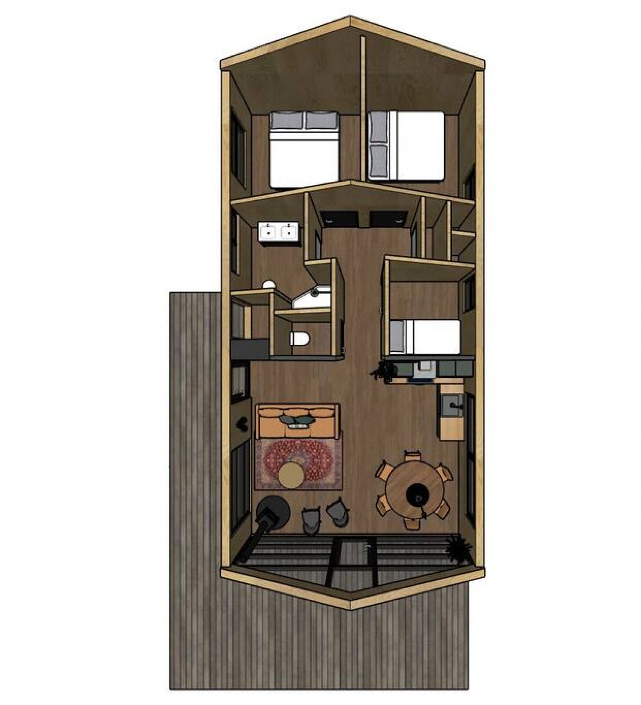 A floor plan of a two-story house with a kitchen, dining area, two bedrooms, and a bathroom.