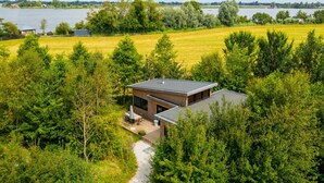A modern house with a flat roof, surrounded by dense greenery and a lake in the background. - Nature lodge Sweltsje, Akkrum - sleeps 4 by the water (Akkrum)
