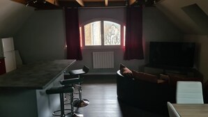 Un espace de vie compact comprenant un coin cuisine, une table à manger, un canapé et un téléviseur.