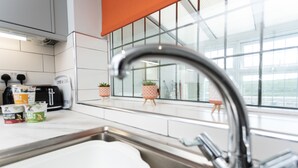 A modern kitchen with a stainless steel sink, a toaster, and two potted plants on the windowsill. - HC Property - The Old Clubhouse (Bishop Auckland)