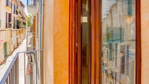 A narrow urban street with buildings on either side, a metal railing, and a glass door leading to a room. - DUPLEX PALMA APARTMENT ETV/5551 (Palma de Mallorca)