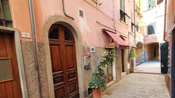 A narrow street with a wooden door and a potted plant. - Family Room inside the Guesthouse on the Arch (Monterosso al Mare)