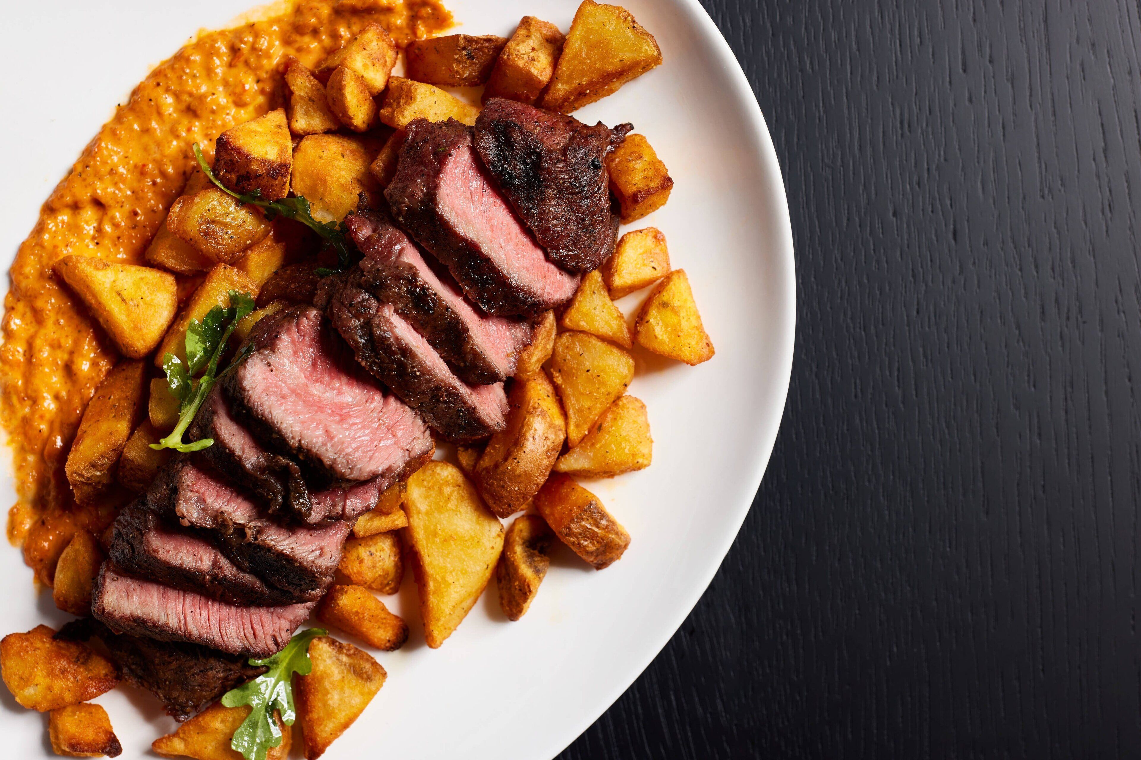 A plate of steak and roasted potatoes.