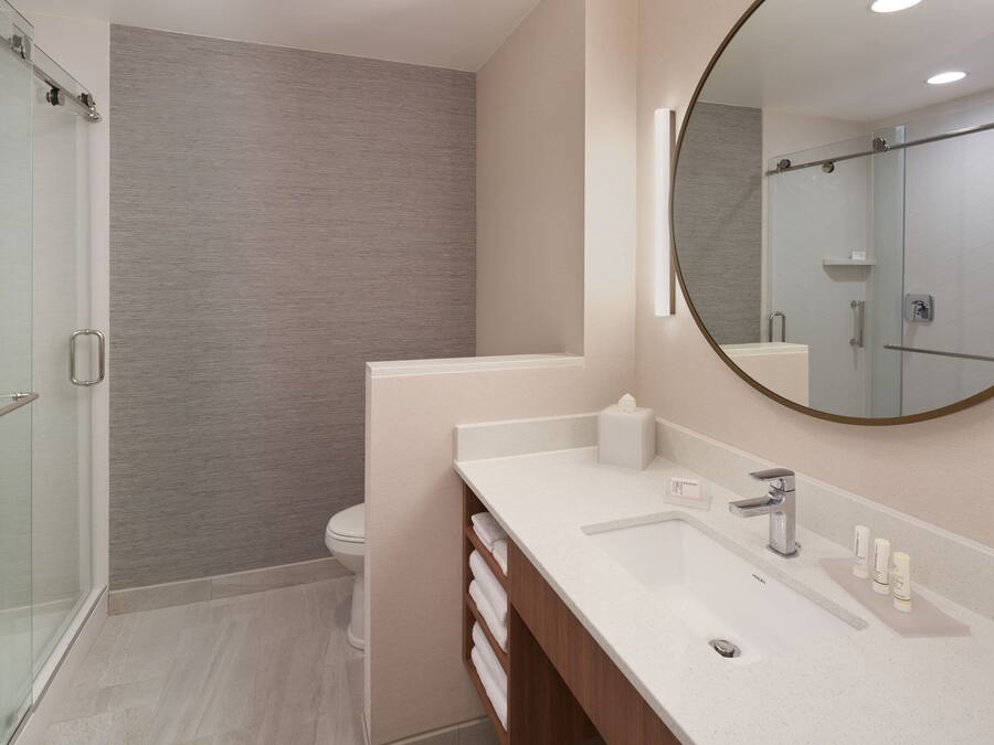 A modern bathroom with a glass shower enclosure, a toilet, a vanity with a sink, and a large mirror.