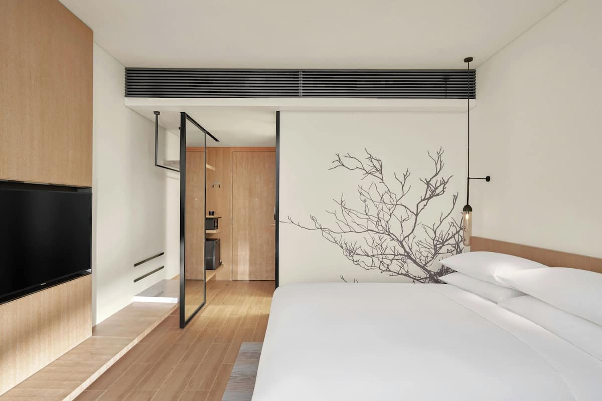 Quarto moderno com cama, televisão, guarda-roupa e espelho.