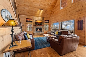 Smart TV, fireplace, foosball, books