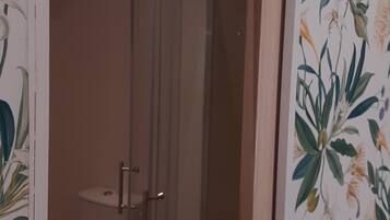 Regadera, toallas, jabón, papel de baño