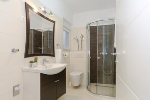 Shower, hair dryer, towels