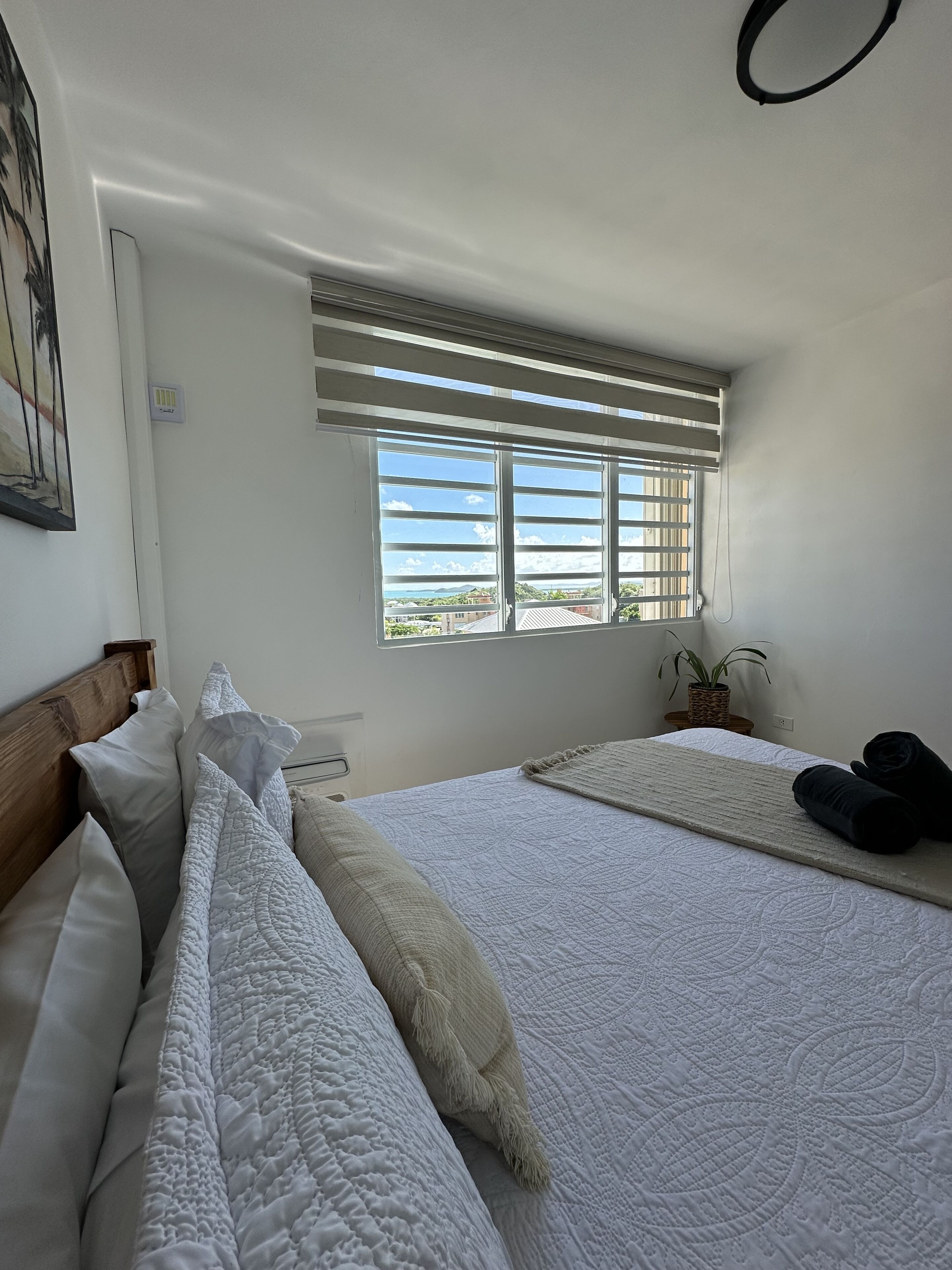 Une chambre avec un grand lit, une fenêtre avec des stores, une plante en pot et un tableau au mur.