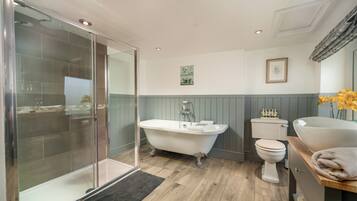Combined shower/bathtub, hair dryer, towels, soap