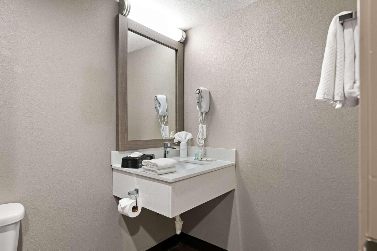 A bathroom with a white sink, a mirror, a hairdryer, and a towel rack.