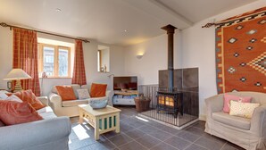 A cozy living room with a fireplace, two sofas, a coffee table, and a TV. - Workshop - sleeps 8 guests  in 4 bedrooms (Holt)