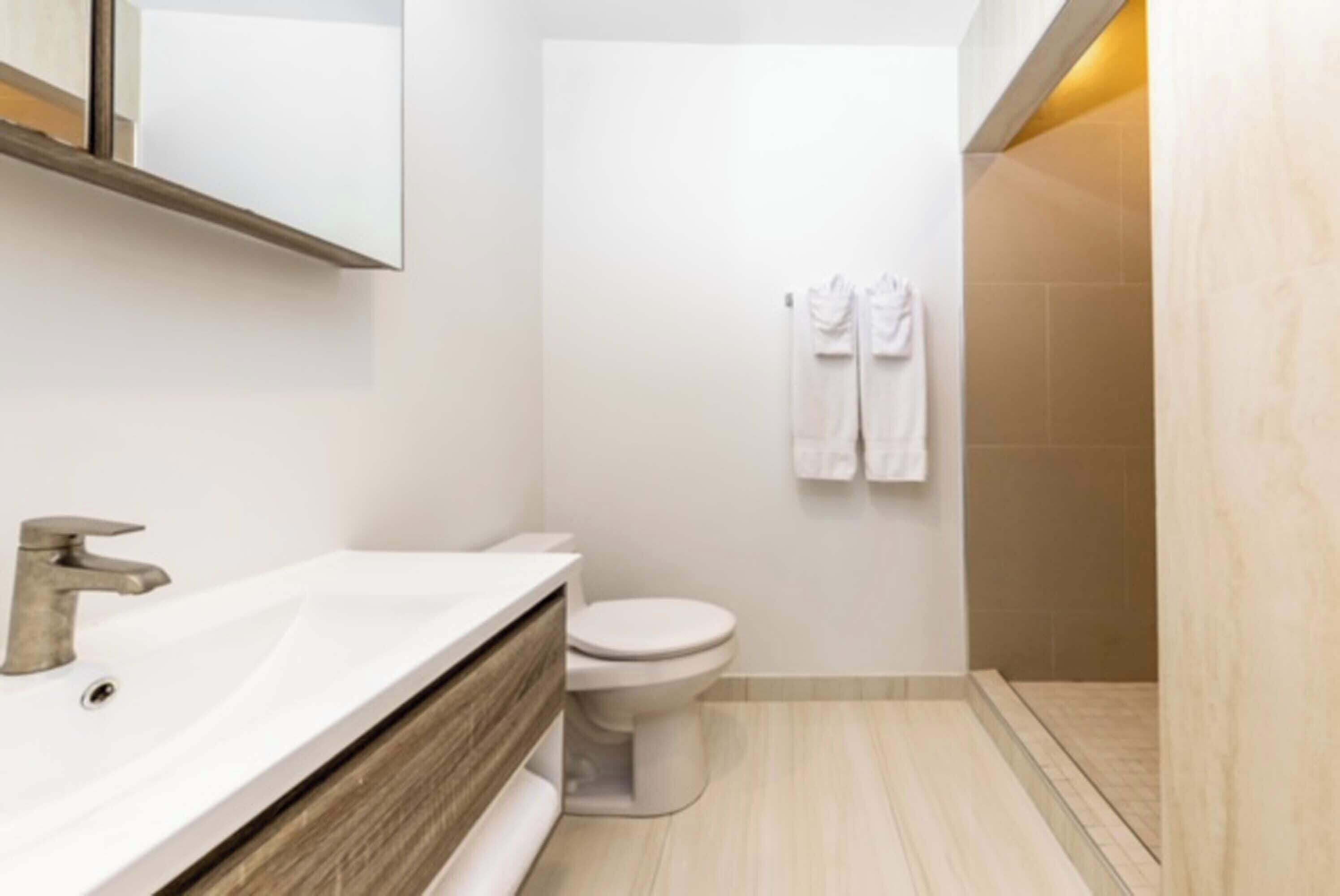 A modern bathroom with a white sink, a toilet, and a shower area.
