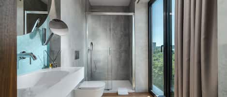BLUE DREAM | Bathroom | Shower, rainfall showerhead, hair dryer, bathrobes