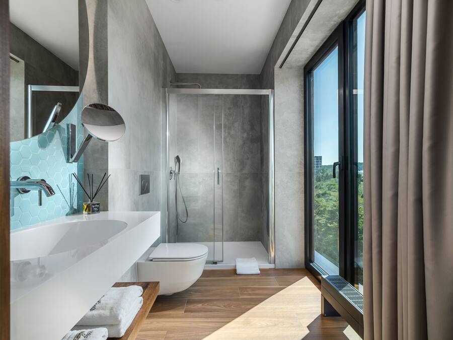 BLUE DREAM | Bathroom | Shower, rainfall showerhead, hair dryer, bathrobes