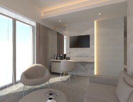 Una habitación de hotel moderna con un ventanal grande, un televisor de pantalla plana en la pared, un escritorio con cafetera y dos sillas.