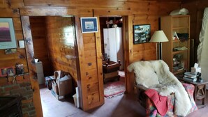Un interior de cabaña acogedor con paredes de madera, una chimenea, un sofá con una manta colorida y una estantería.