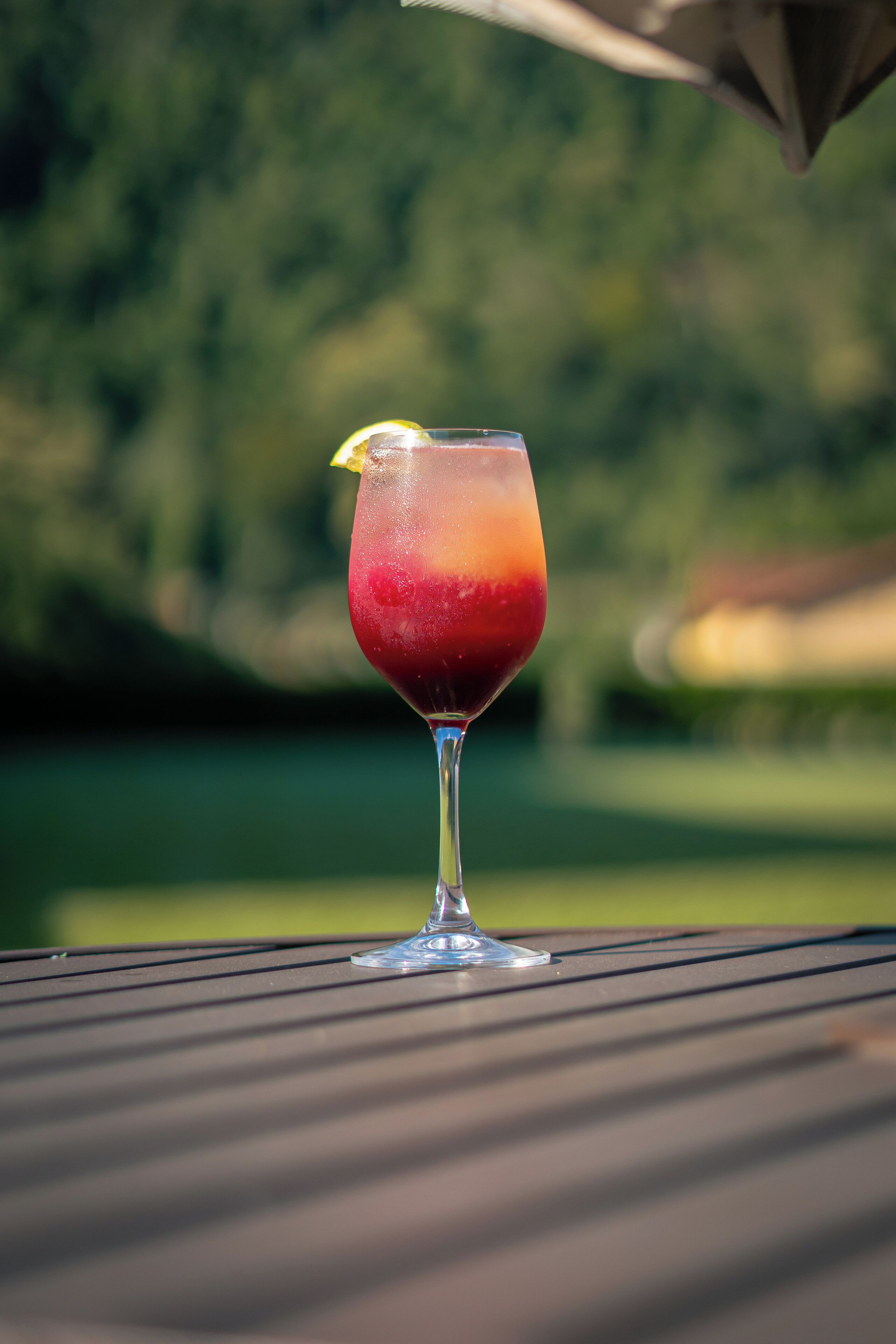 Un verre d’une boisson rouge sur une table en métal, avec un arrière-plan vert flou.