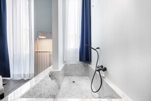 Shower, hair dryer, bidet, towels